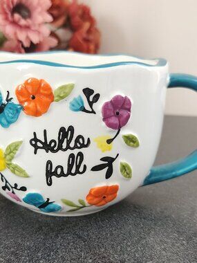 Lang By Design Hello Fall Floral Ceramic Coffee Mug Blue Handle Fall Flowers